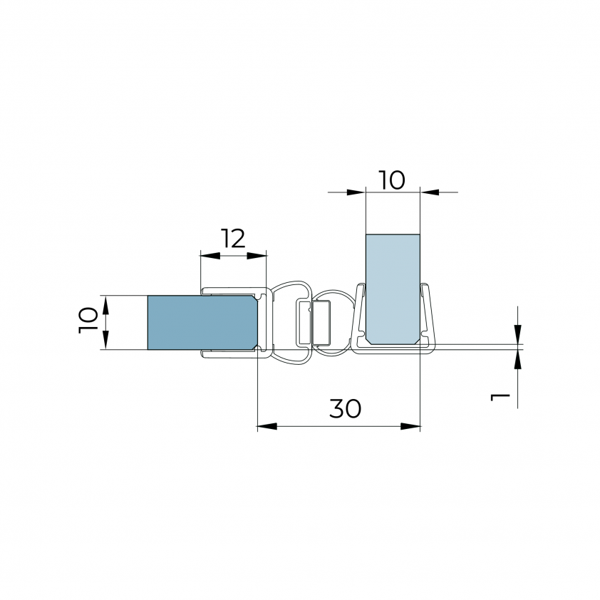 Magnetdichtung 90 Grad für Pendeltüren, Acryl transparent, für 10 – 12 mm Glas, Lieferung paarweise, 2500 mm lang 74.232